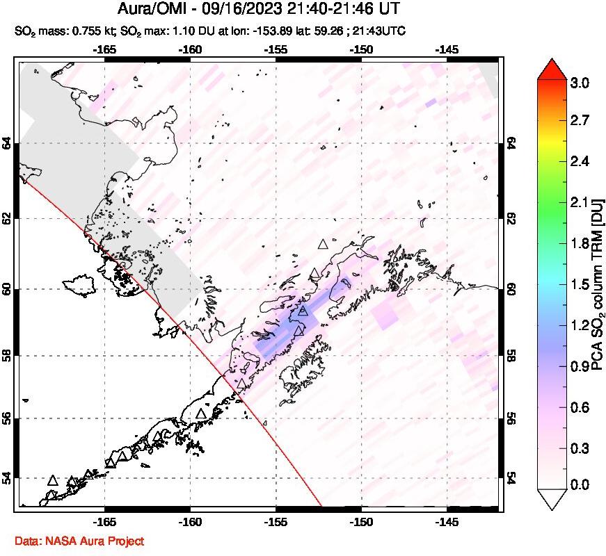 A sulfur dioxide image over Alaska, USA on Sep 16, 2023.