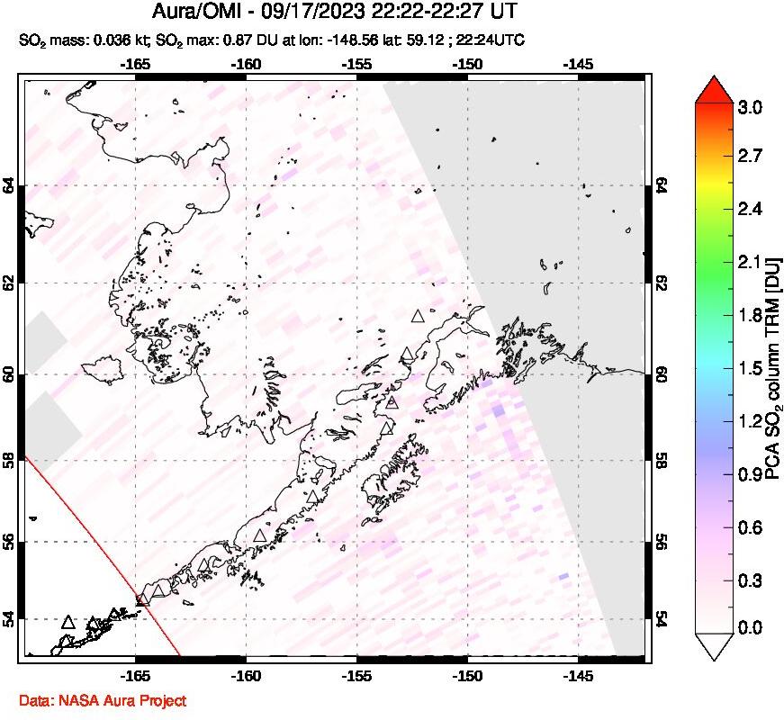 A sulfur dioxide image over Alaska, USA on Sep 17, 2023.