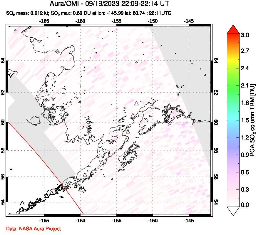 A sulfur dioxide image over Alaska, USA on Sep 19, 2023.