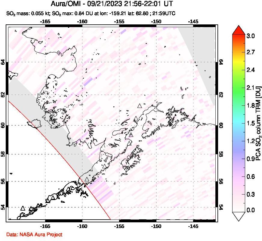 A sulfur dioxide image over Alaska, USA on Sep 21, 2023.
