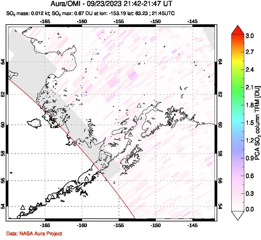 A sulfur dioxide image over Alaska, USA on Sep 23, 2023.