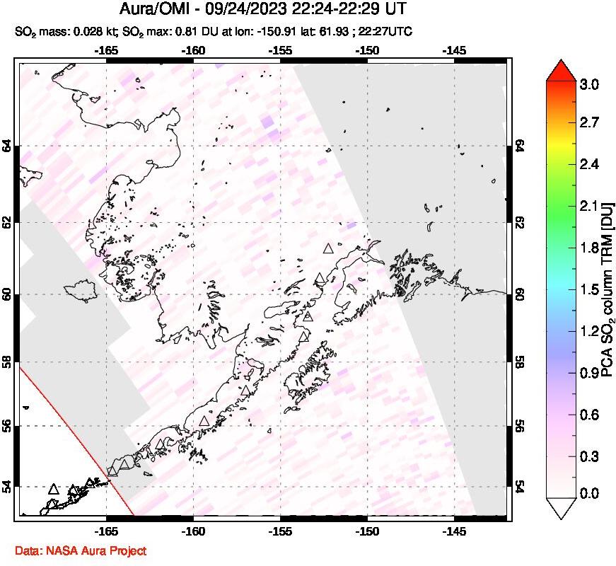 A sulfur dioxide image over Alaska, USA on Sep 24, 2023.