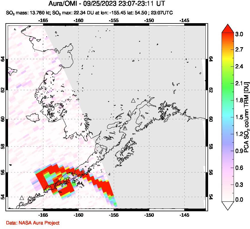 A sulfur dioxide image over Alaska, USA on Sep 25, 2023.
