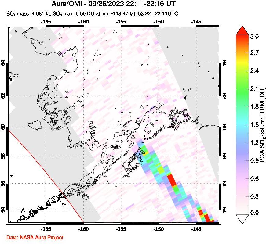 A sulfur dioxide image over Alaska, USA on Sep 26, 2023.