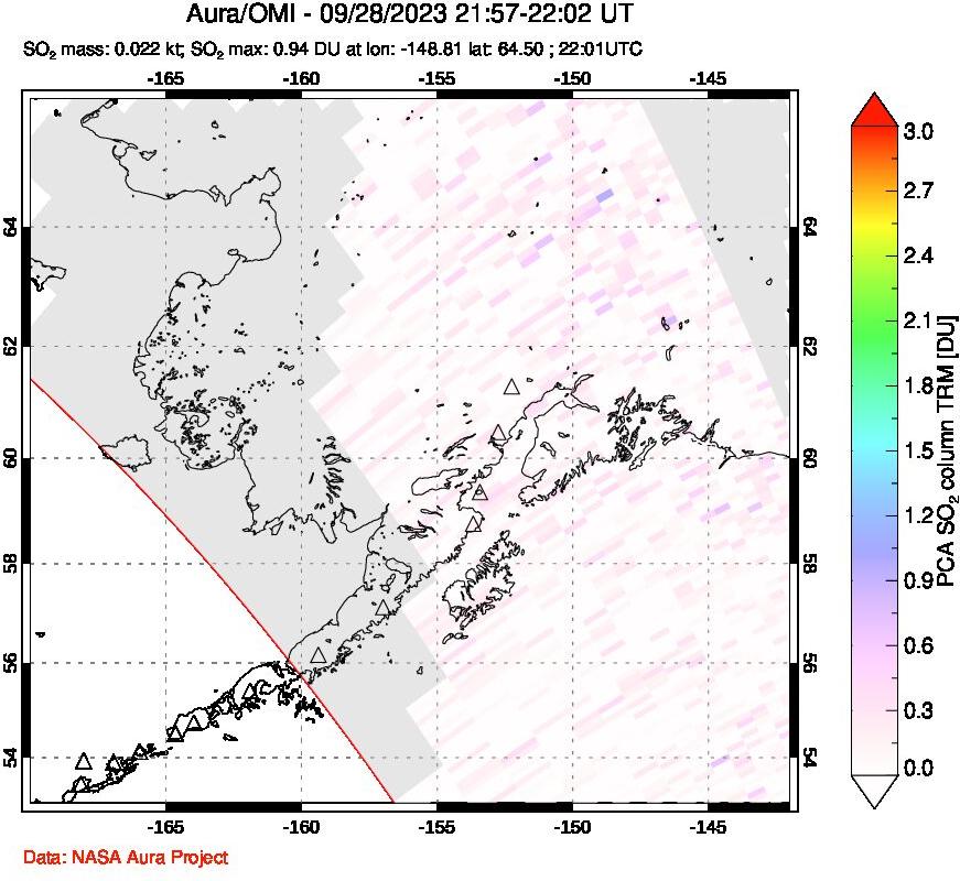 A sulfur dioxide image over Alaska, USA on Sep 28, 2023.