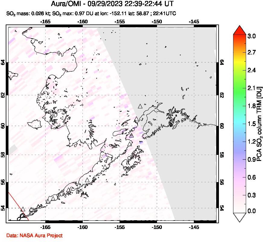 A sulfur dioxide image over Alaska, USA on Sep 29, 2023.
