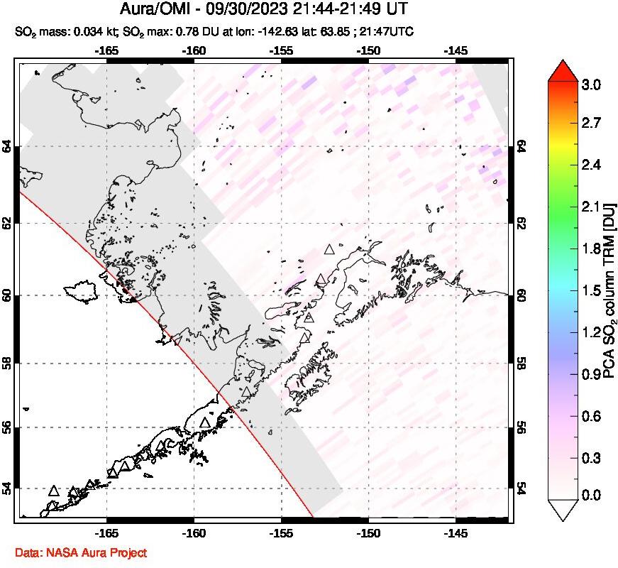 A sulfur dioxide image over Alaska, USA on Sep 30, 2023.