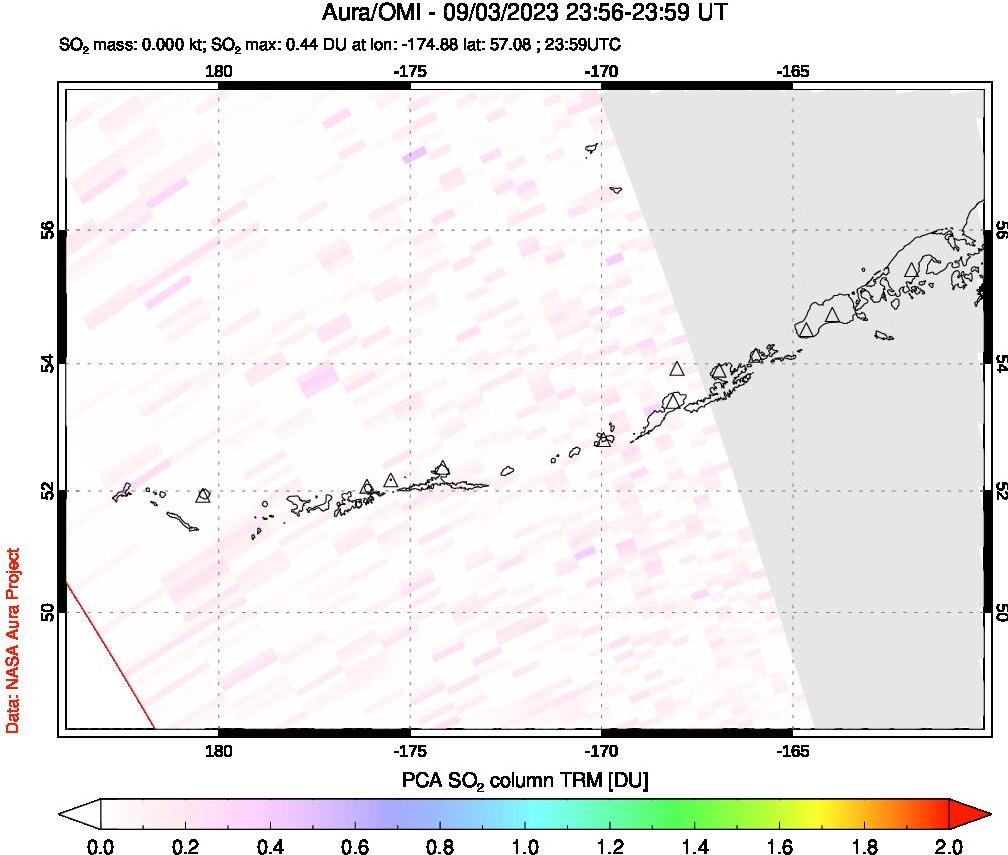 A sulfur dioxide image over Aleutian Islands, Alaska, USA on Sep 03, 2023.