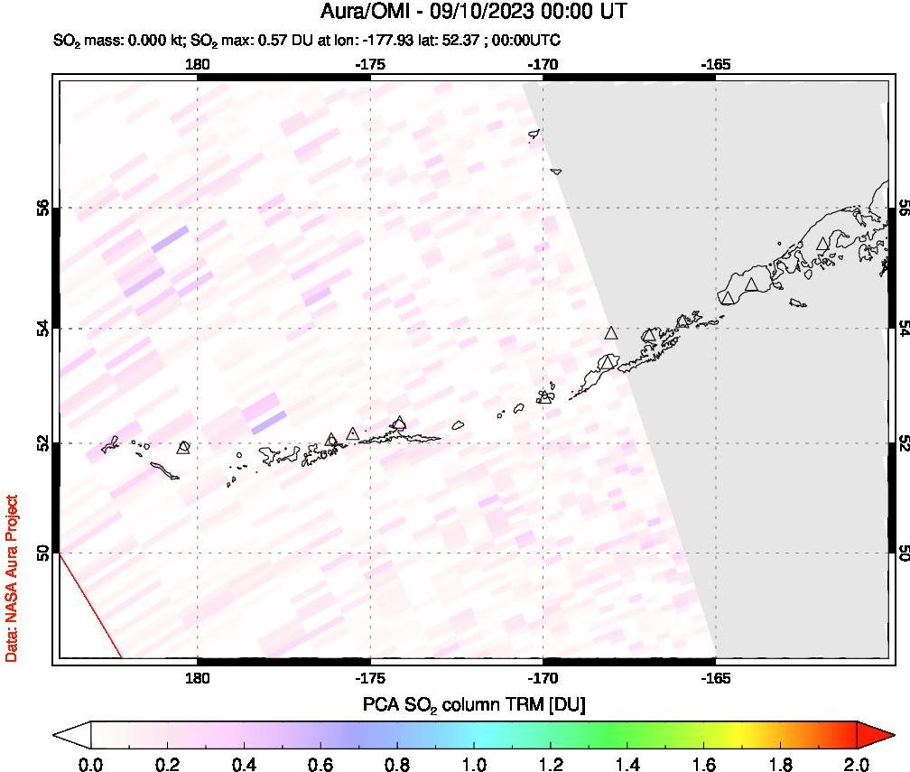 A sulfur dioxide image over Aleutian Islands, Alaska, USA on Sep 10, 2023.