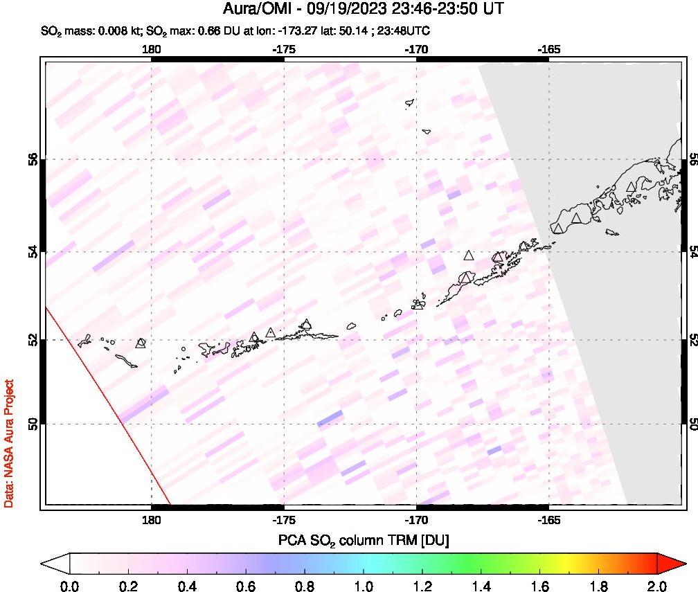 A sulfur dioxide image over Aleutian Islands, Alaska, USA on Sep 19, 2023.