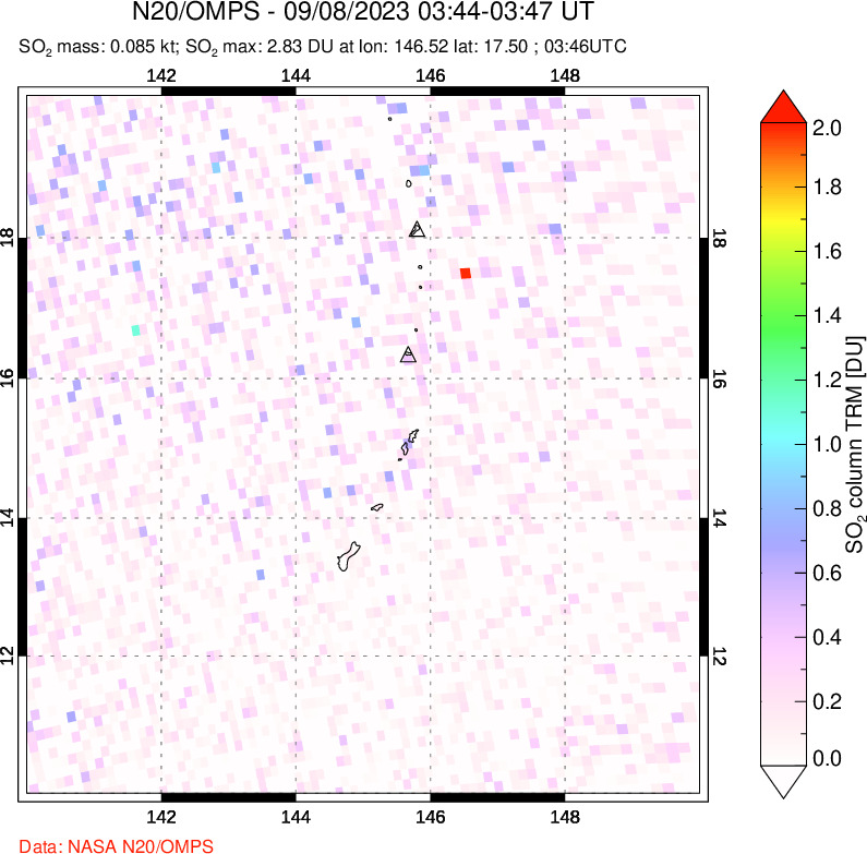 A sulfur dioxide image over Anatahan, Mariana Islands on Sep 08, 2023.
