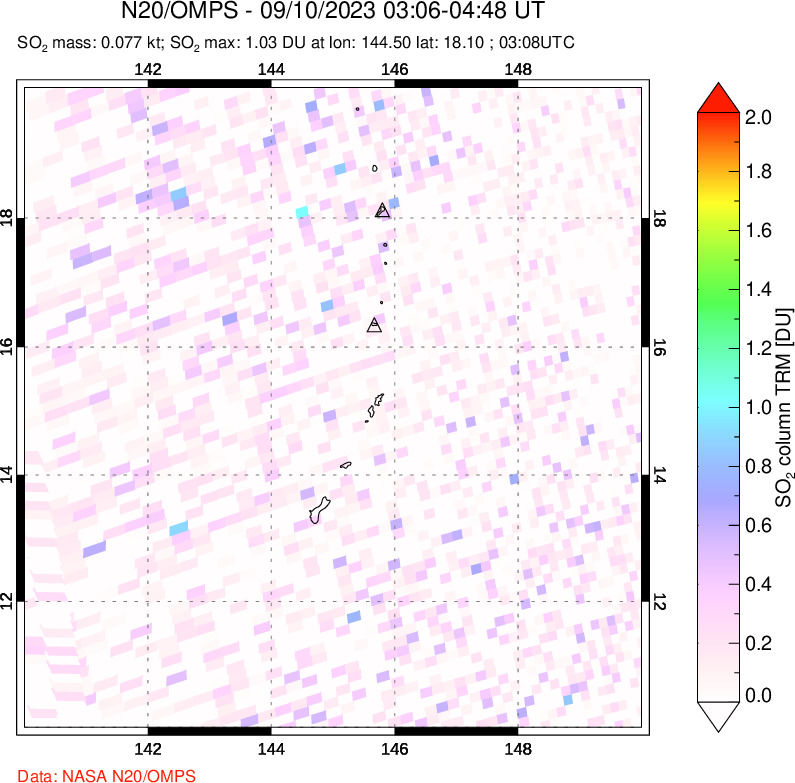 A sulfur dioxide image over Anatahan, Mariana Islands on Sep 10, 2023.