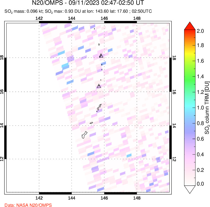 A sulfur dioxide image over Anatahan, Mariana Islands on Sep 11, 2023.