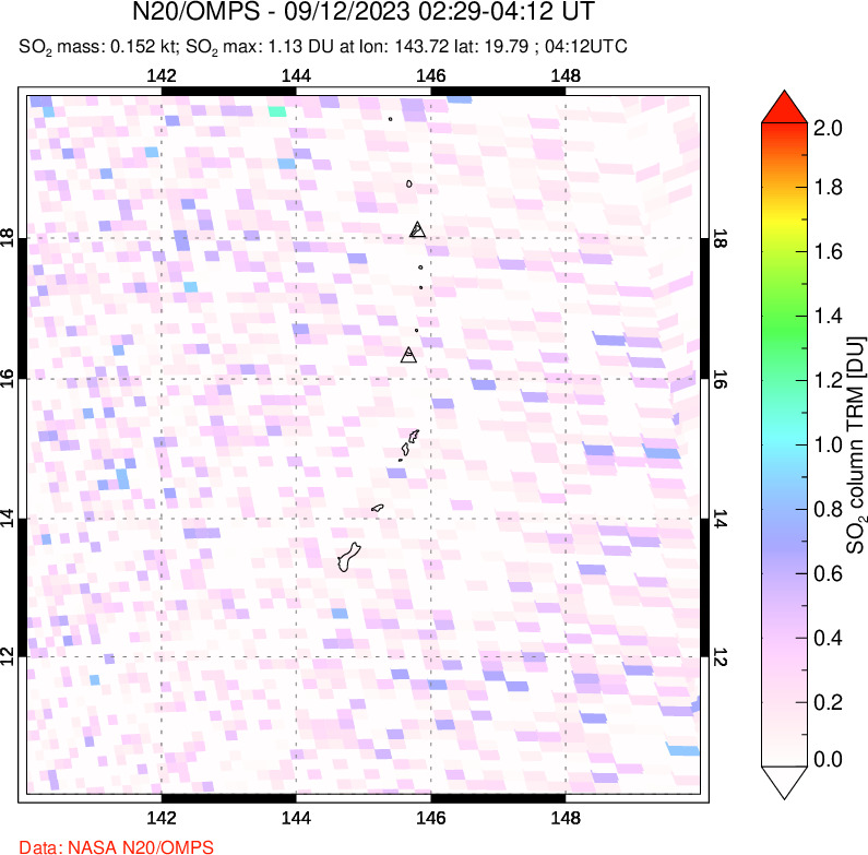 A sulfur dioxide image over Anatahan, Mariana Islands on Sep 12, 2023.