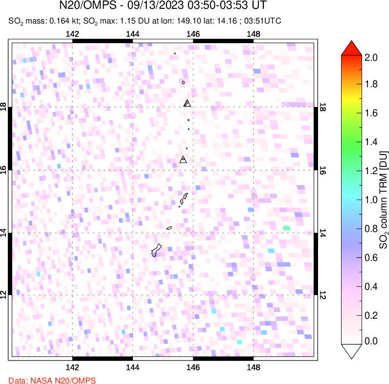 A sulfur dioxide image over Anatahan, Mariana Islands on Sep 13, 2023.