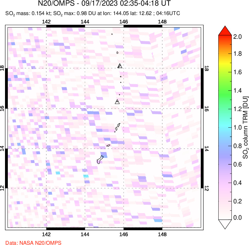 A sulfur dioxide image over Anatahan, Mariana Islands on Sep 17, 2023.