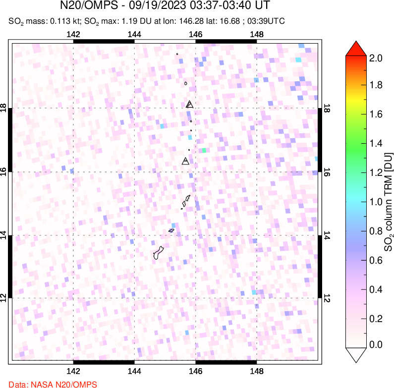 A sulfur dioxide image over Anatahan, Mariana Islands on Sep 19, 2023.