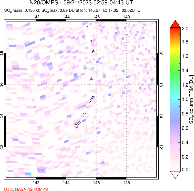 A sulfur dioxide image over Anatahan, Mariana Islands on Sep 21, 2023.