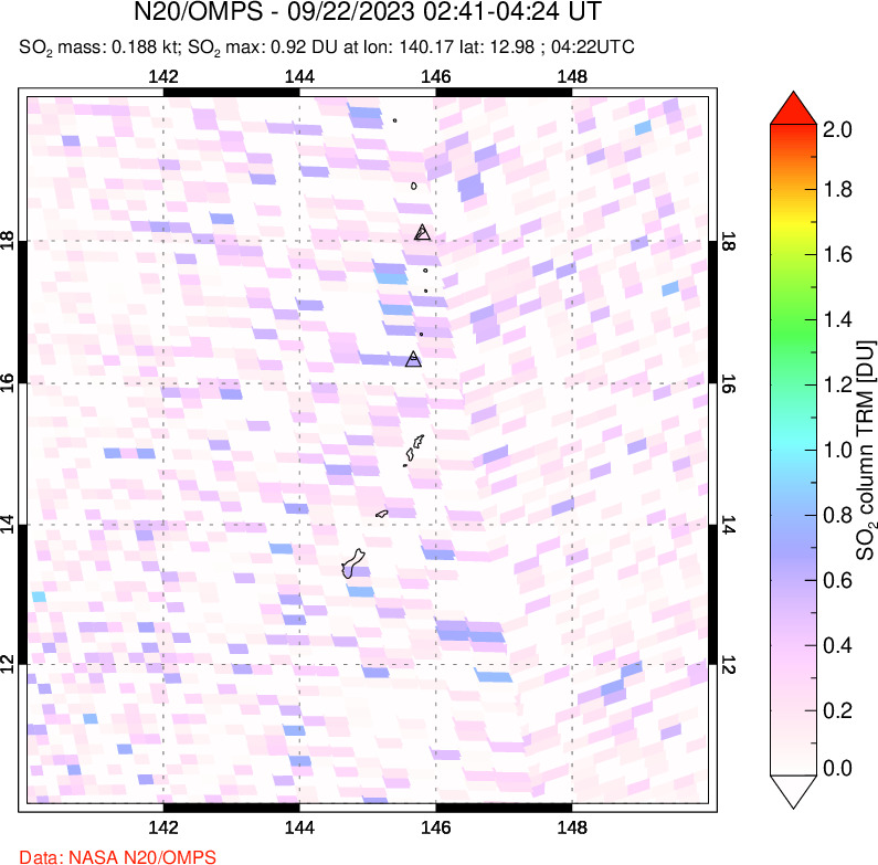 A sulfur dioxide image over Anatahan, Mariana Islands on Sep 22, 2023.