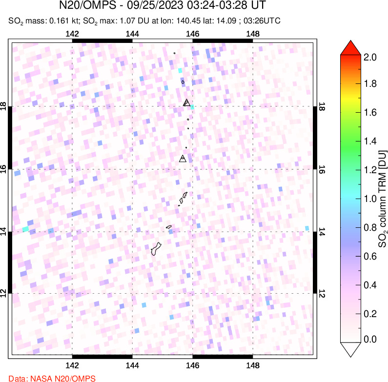 A sulfur dioxide image over Anatahan, Mariana Islands on Sep 25, 2023.