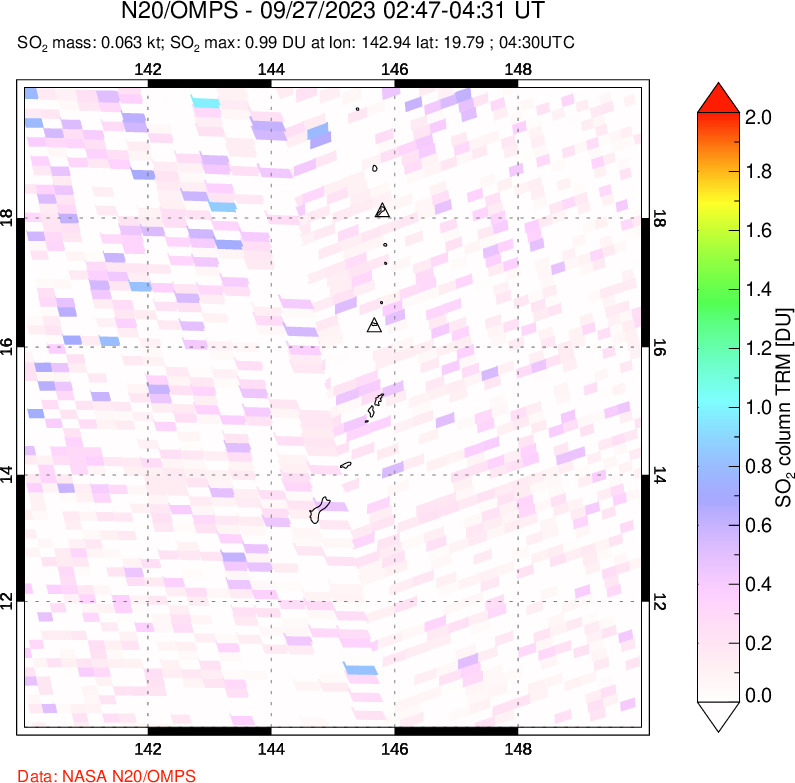 A sulfur dioxide image over Anatahan, Mariana Islands on Sep 27, 2023.