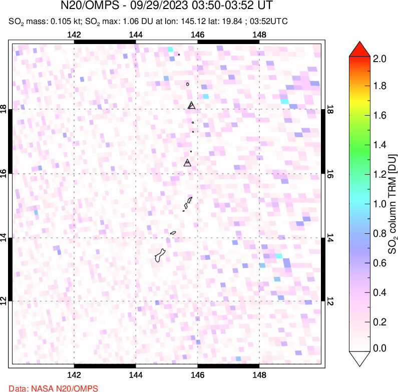 A sulfur dioxide image over Anatahan, Mariana Islands on Sep 29, 2023.