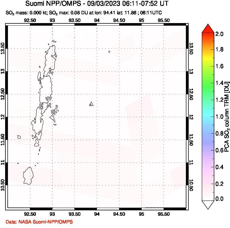 A sulfur dioxide image over Andaman Islands, Indian Ocean on Sep 03, 2023.