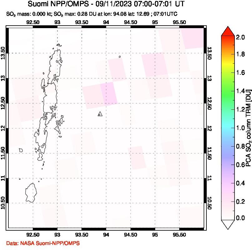 A sulfur dioxide image over Andaman Islands, Indian Ocean on Sep 11, 2023.