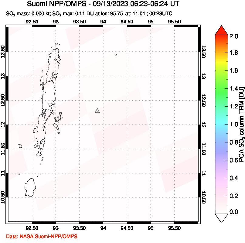 A sulfur dioxide image over Andaman Islands, Indian Ocean on Sep 13, 2023.