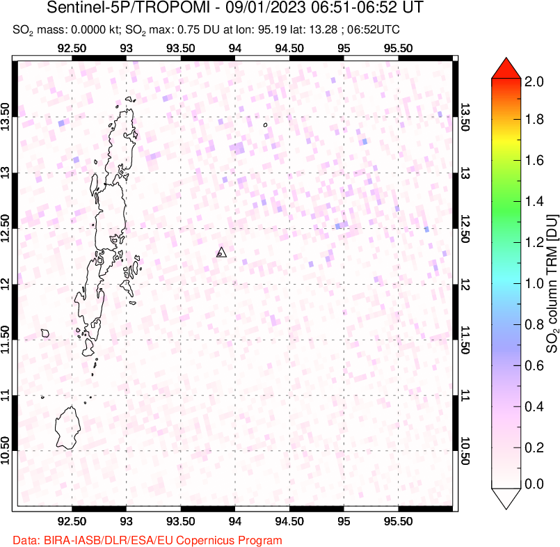 A sulfur dioxide image over Andaman Islands, Indian Ocean on Sep 01, 2023.