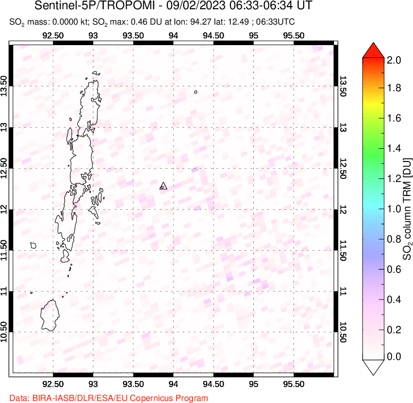 A sulfur dioxide image over Andaman Islands, Indian Ocean on Sep 02, 2023.