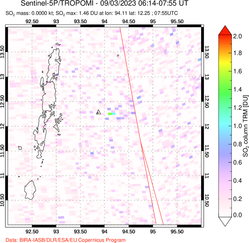 A sulfur dioxide image over Andaman Islands, Indian Ocean on Sep 03, 2023.