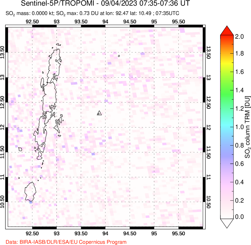 A sulfur dioxide image over Andaman Islands, Indian Ocean on Sep 04, 2023.