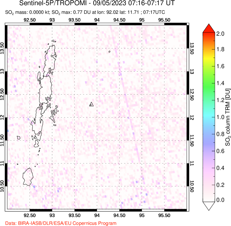 A sulfur dioxide image over Andaman Islands, Indian Ocean on Sep 05, 2023.