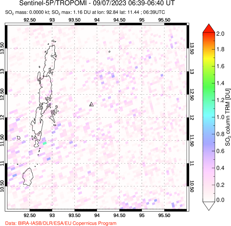 A sulfur dioxide image over Andaman Islands, Indian Ocean on Sep 07, 2023.