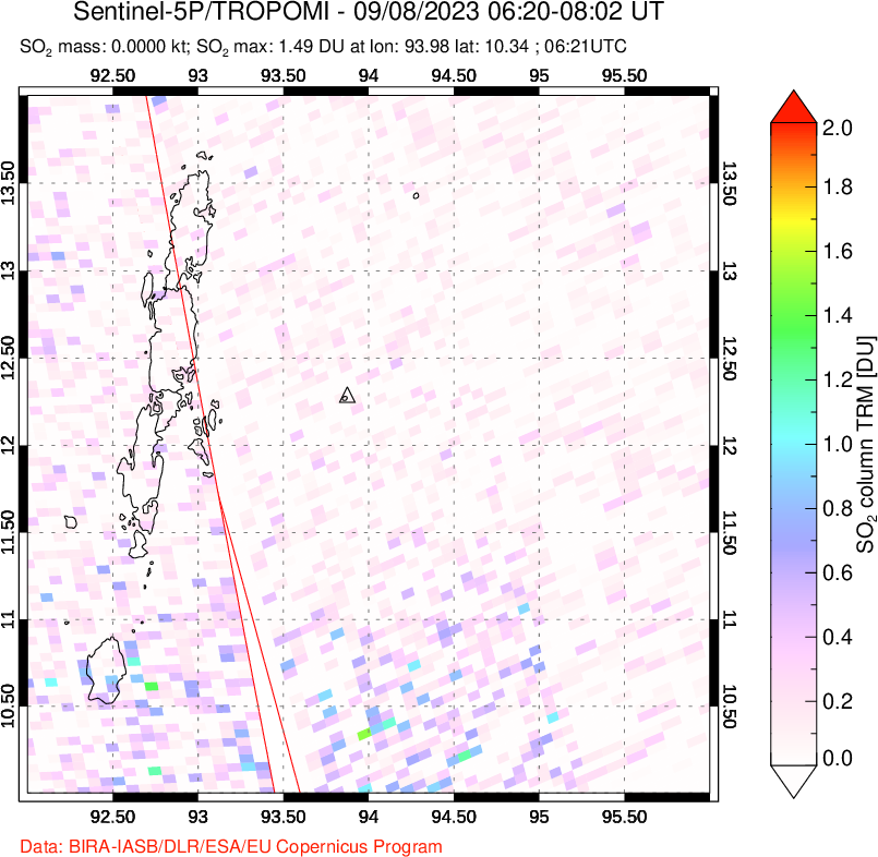 A sulfur dioxide image over Andaman Islands, Indian Ocean on Sep 08, 2023.