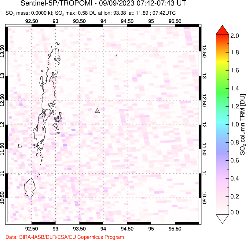 A sulfur dioxide image over Andaman Islands, Indian Ocean on Sep 09, 2023.