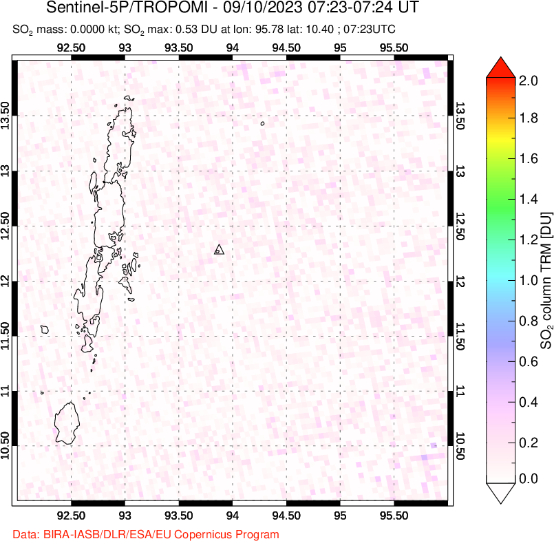 A sulfur dioxide image over Andaman Islands, Indian Ocean on Sep 10, 2023.