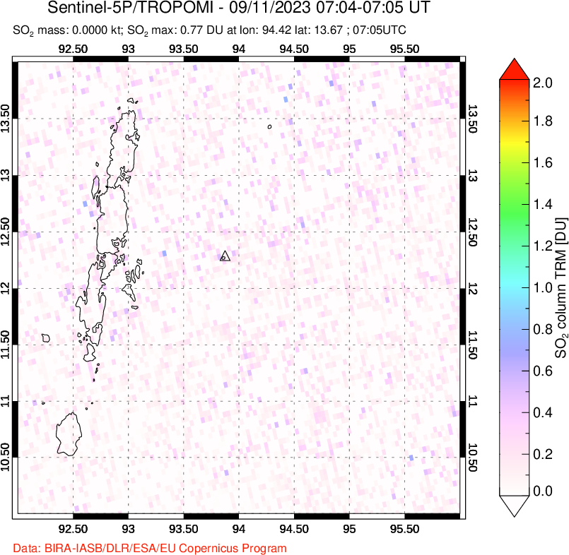 A sulfur dioxide image over Andaman Islands, Indian Ocean on Sep 11, 2023.