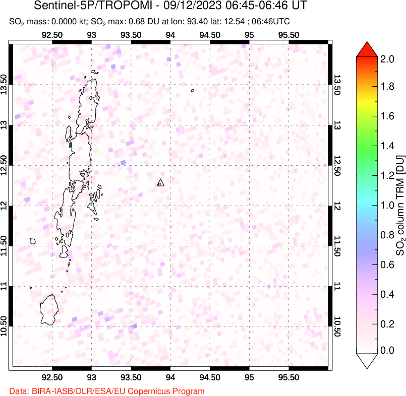 A sulfur dioxide image over Andaman Islands, Indian Ocean on Sep 12, 2023.