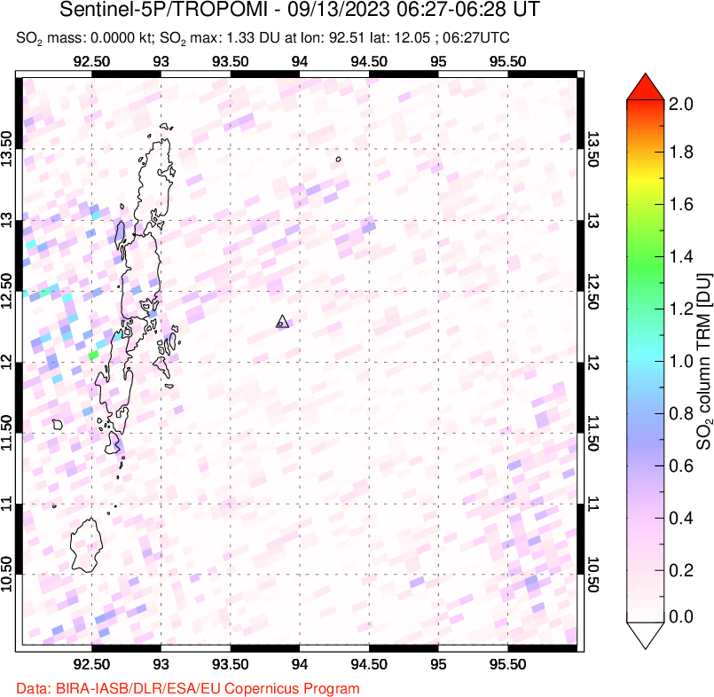 A sulfur dioxide image over Andaman Islands, Indian Ocean on Sep 13, 2023.