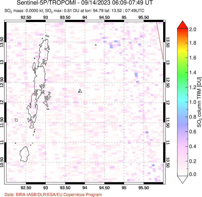 A sulfur dioxide image over Andaman Islands, Indian Ocean on Sep 14, 2023.