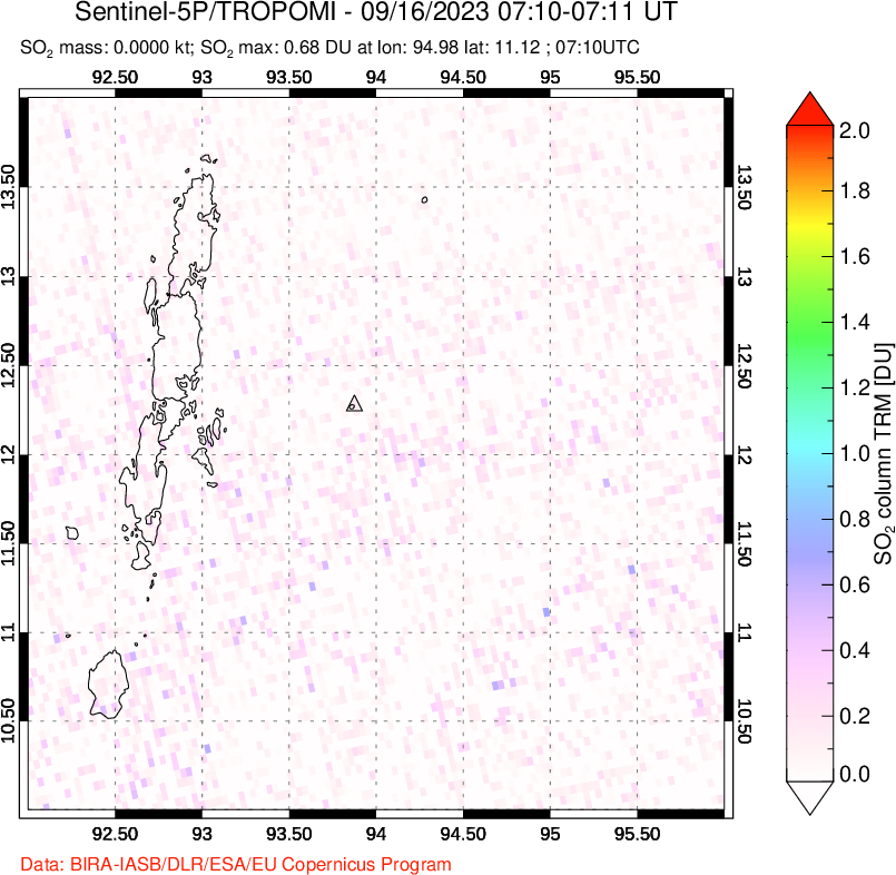 A sulfur dioxide image over Andaman Islands, Indian Ocean on Sep 16, 2023.