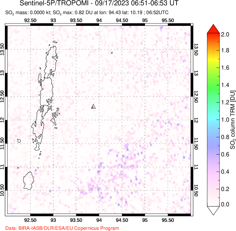 A sulfur dioxide image over Andaman Islands, Indian Ocean on Sep 17, 2023.