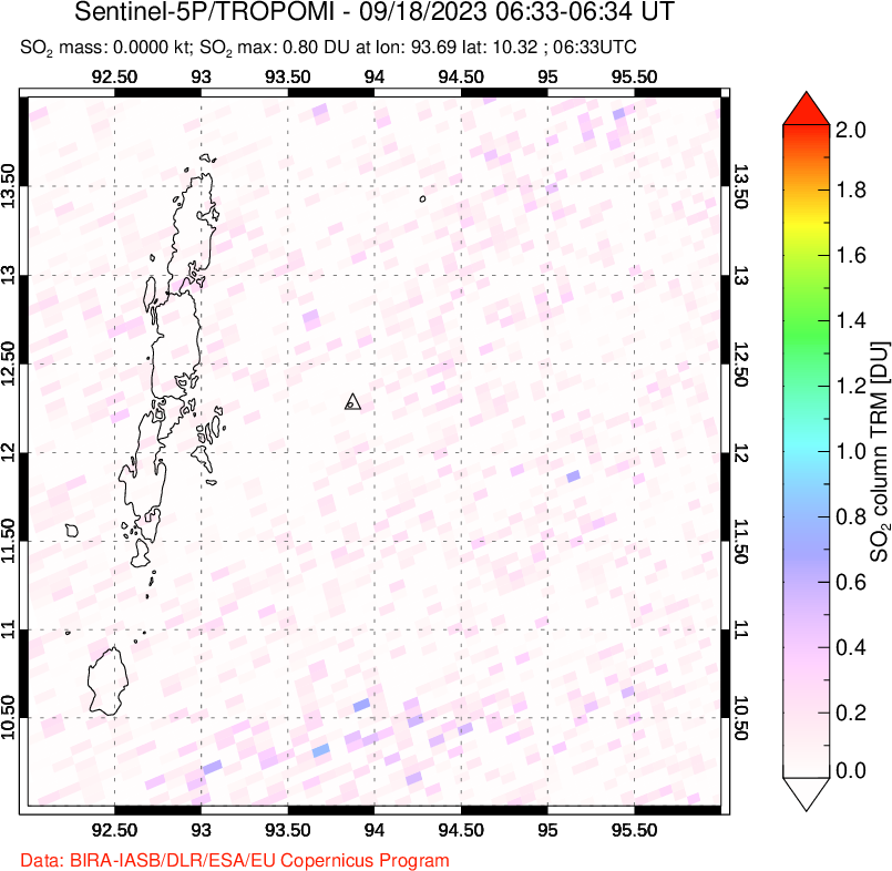 A sulfur dioxide image over Andaman Islands, Indian Ocean on Sep 18, 2023.