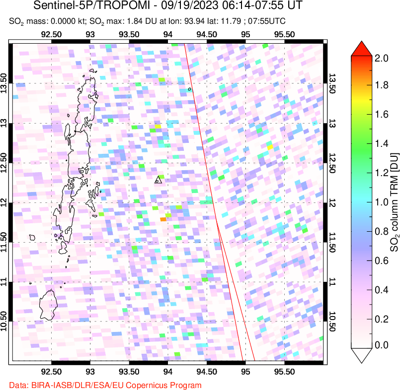 A sulfur dioxide image over Andaman Islands, Indian Ocean on Sep 19, 2023.