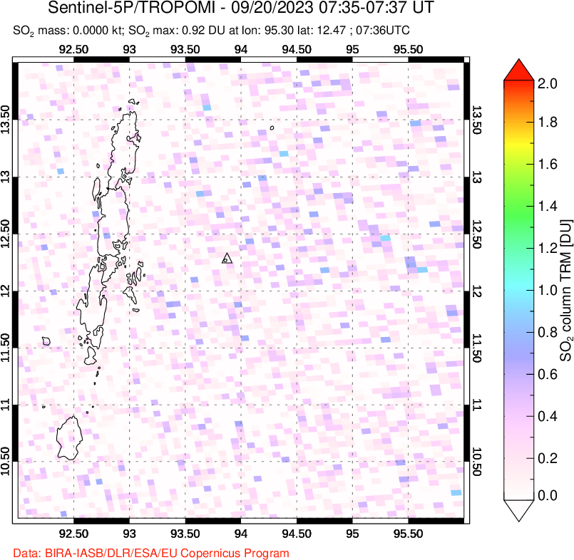 A sulfur dioxide image over Andaman Islands, Indian Ocean on Sep 20, 2023.