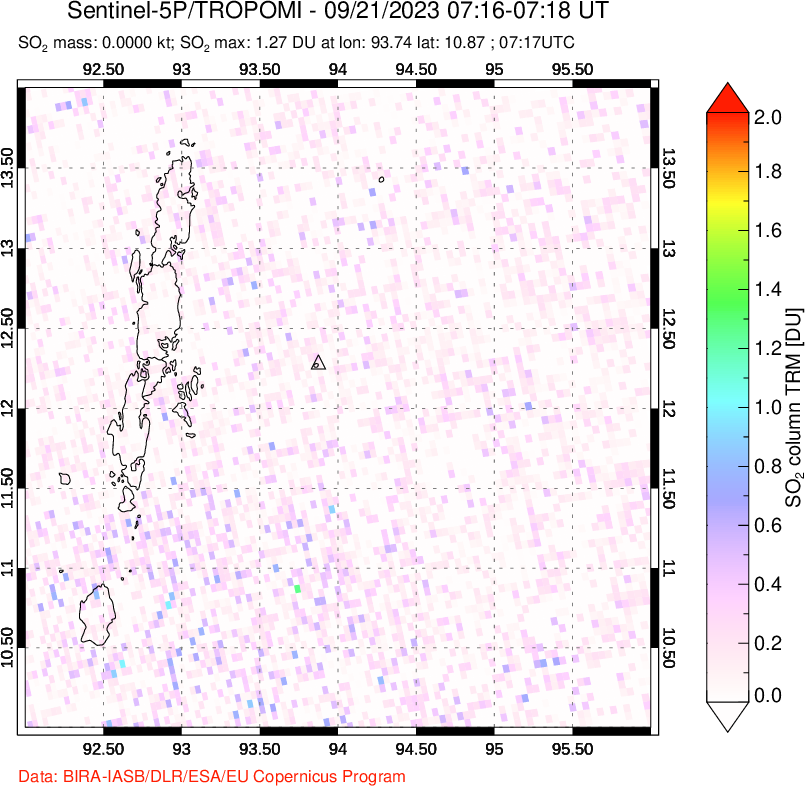 A sulfur dioxide image over Andaman Islands, Indian Ocean on Sep 21, 2023.