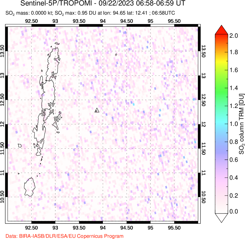 A sulfur dioxide image over Andaman Islands, Indian Ocean on Sep 22, 2023.