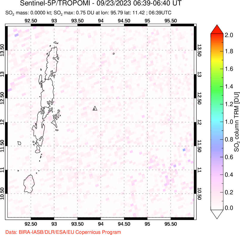 A sulfur dioxide image over Andaman Islands, Indian Ocean on Sep 23, 2023.